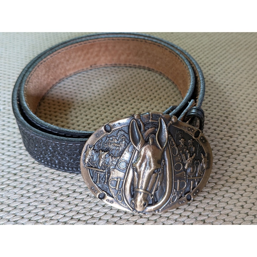 Nocona Leather Belt Mens 38 Western With Montana Silversmiths Horse Buckle Rodeo